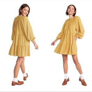 2XL Long-Sleeve Tiered Smocked Embroidered Mini Swing Dress New W/Tags Gold